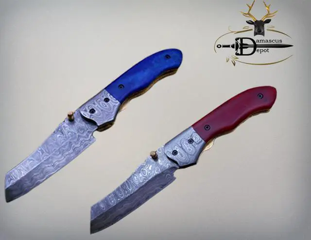 Alt view image 7 of 7 - Hand forged Damascus steel 7.8" folding custom Ledder patren knife 3.5" Blade Colored Bone & Damascus bolster scale cow leather sheath