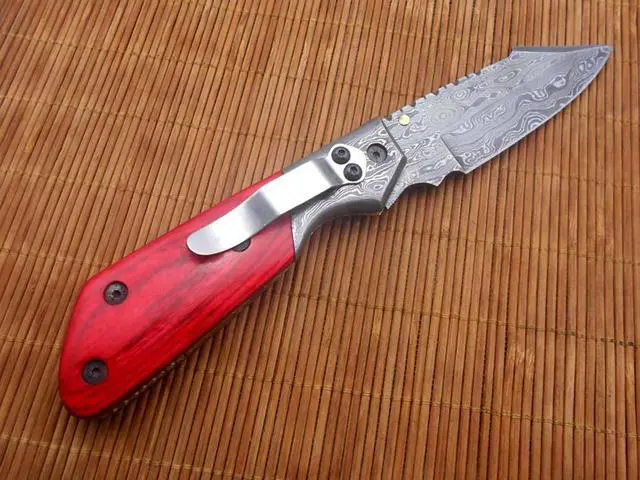 Alt view image 2 of 7 - 8.3" long hand forged custom made Damascus steel pocket clip folding knife, Various scale Colors available with Damascus Bolster, 4" long blade, Cow hide leather sheath with belt loop