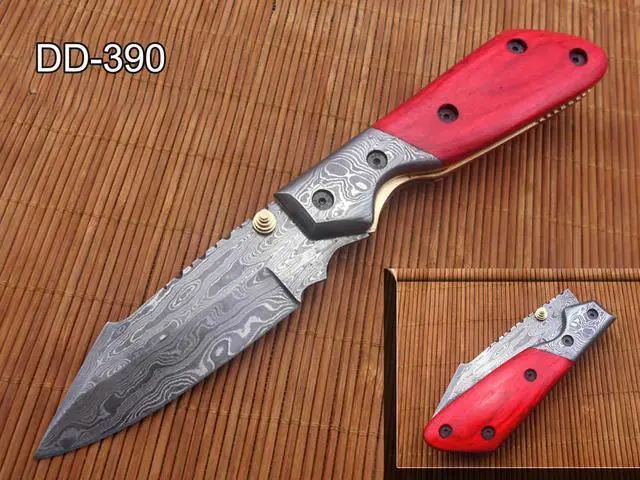 Main image of 8.3" long hand forged custom made Damascus steel pocket clip folding knife, Various scale Colors available with Damascus Bolster, 4" long blade, Cow hide leather sheath with belt loop