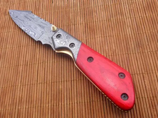 Alt view image 6 of 7 - 8.3" long hand forged custom made Damascus steel pocket clip folding knife, Various scale Colors available with Damascus Bolster, 4" long blade, Cow hide leather sheath with belt loop