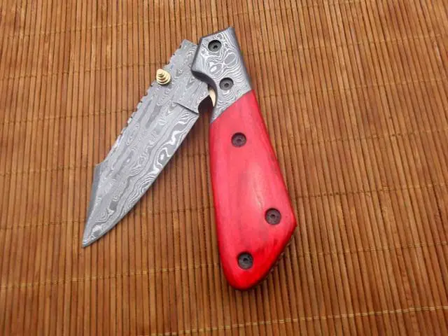 Alt view image 7 of 7 - 8.3" long hand forged custom made Damascus steel pocket clip folding knife, Various scale Colors available with Damascus Bolster, 4" long blade, Cow hide leather sheath with belt loop