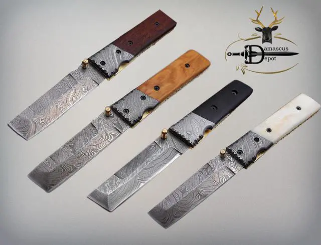 Alt view image 2 of 7 - Hand forged Damascus steel Tanto blade folding knife, 7.5" long custom made knife with 3.5" blade & thumb knob, available in various colors scale, cow hide leather sheath with belt loop included