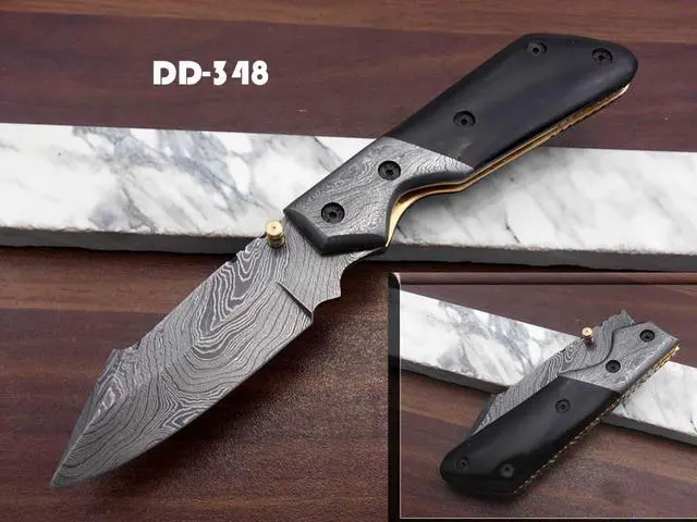 Alt view image 2 of 7 - 7.5" long Damascus steel Folding Knife with pocket clip, Available in Red Blue, Black & white colors scales with Damascus bolster, custom made 3" Hand Forged blade,  cow hide leather sheath
