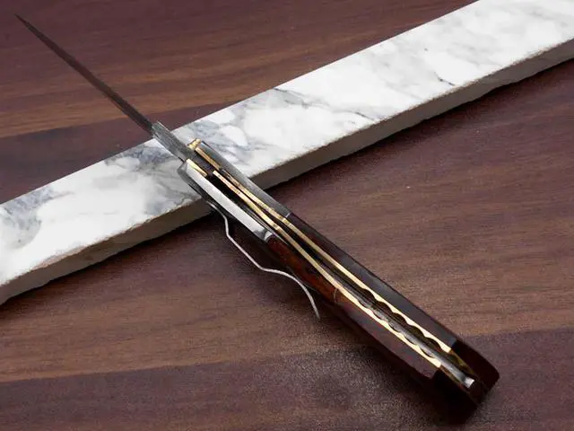 Alt view image 4 of 7 - 8.3" long hand forged custom made Damascus steel pocket clip folding knife, Walnut wood scale with Damascus Bolster, cow leather sheath