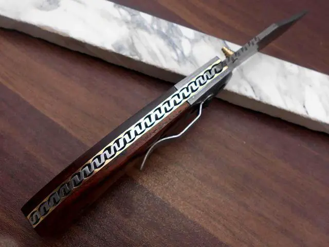 Alt view image 5 of 7 - 8.3" long hand forged custom made Damascus steel pocket clip folding knife, Walnut wood scale with Damascus Bolster, cow leather sheath
