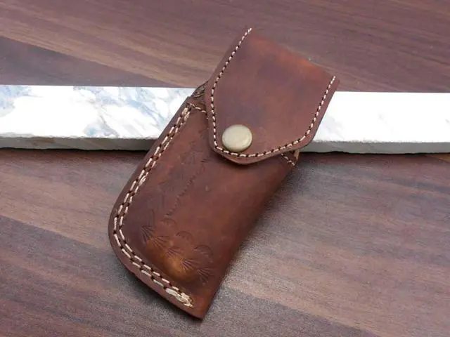 Alt view image 6 of 7 - 8.3" long hand forged custom made Damascus steel pocket clip folding knife, Walnut wood scale with Damascus Bolster, cow leather sheath