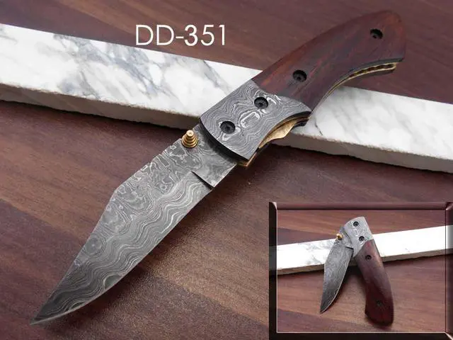 Alt view image 7 of 7 - 8.3" long hand forged custom made Damascus steel pocket clip folding knife, Walnut wood scale with Damascus Bolster, cow leather sheath