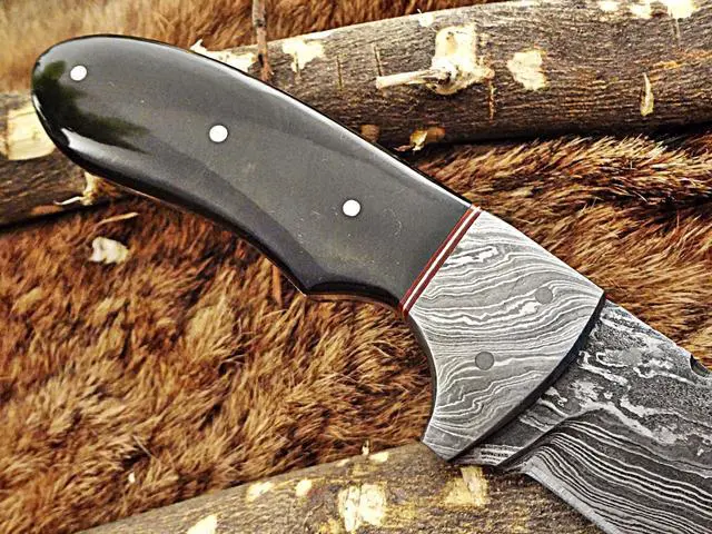 Alt view image 2 of 6 - 8" Long gut hook skinning Knife, hand forged Damascus steel, full tang blade, Bull horn scale with Damascus bolster, cow leather sheath included