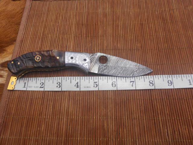 Damascus steel finger hole blade 8 Long folding knife. Natural