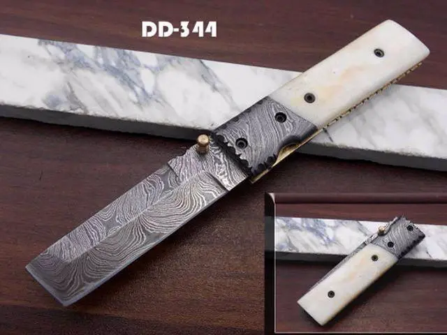 Main image of Damascus steel Tanto blade Folding Knife, equipped with Thumb knob & liner lock, Available in various natural scales with Damascus bolster, Cow hide leather sheath