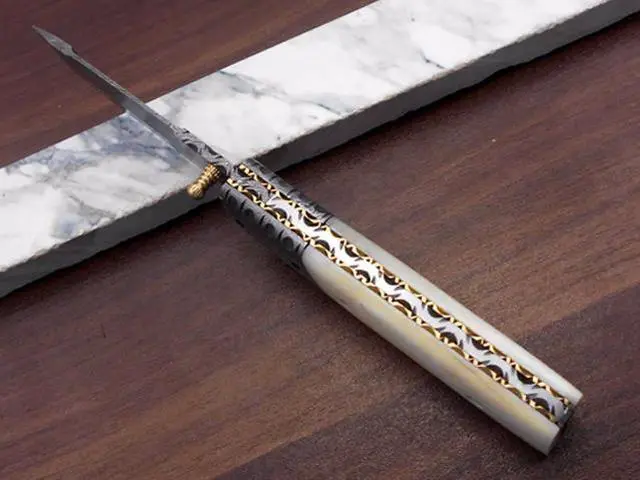 Alt view image 7 of 7 - Damascus steel Tanto blade Folding Knife, equipped with Thumb knob & liner lock, Available in various natural scales with Damascus bolster, Cow hide leather sheath