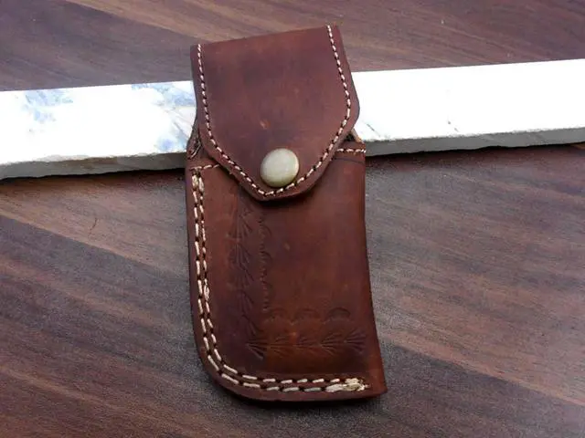 Alt view image 5 of 7 - 8" long Folding Knife with pocket clip, Hand forged Damascus steel 3.5" blade. Available in Walnut wood, Bull horn, Ram Horn, Red & Blue scale with Damascus Bolster, Cow hide Leather sheath