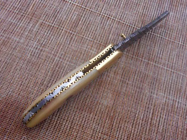 Alt view image 5 of 7 - 8" Tanto blade folding knife, Natural Ram horn scale, Hand forged Twist Pattern Damascus steel, Equipped with Thumb pin & liner lock, Cow hide Leather sheath included (Camel Bone)