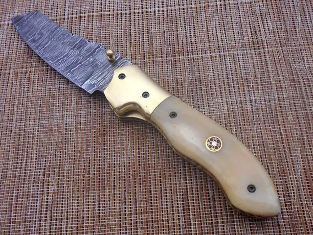Alt view image 3 of 7 - 8" Tanto blade folding knife, Natural Ram horn scale, Hand forged Twist Pattern Damascus steel, Equipped with Thumb pin & liner lock, Cow hide Leather sheath included (Camel Bone)