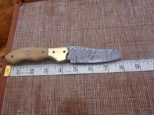 Alt view image 6 of 7 - 8" Tanto blade folding knife, Natural Ram horn scale, Hand forged Twist Pattern Damascus steel, Equipped with Thumb pin & liner lock, Cow hide Leather sheath included (Camel Bone)
