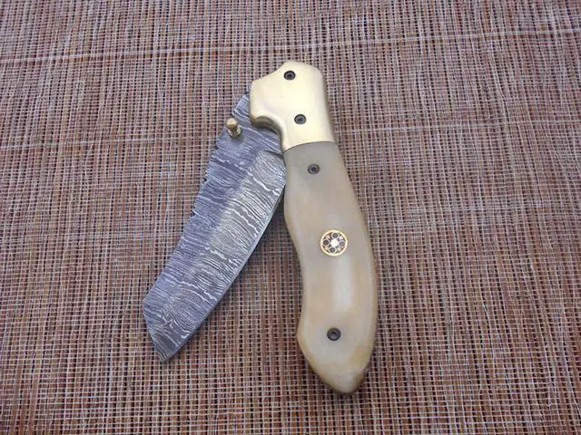 Alt view image 7 of 7 - 8" Tanto blade folding knife, Natural Ram horn scale, Hand forged Twist Pattern Damascus steel, Equipped with Thumb pin & liner lock, Cow hide Leather sheath included (Camel Bone)