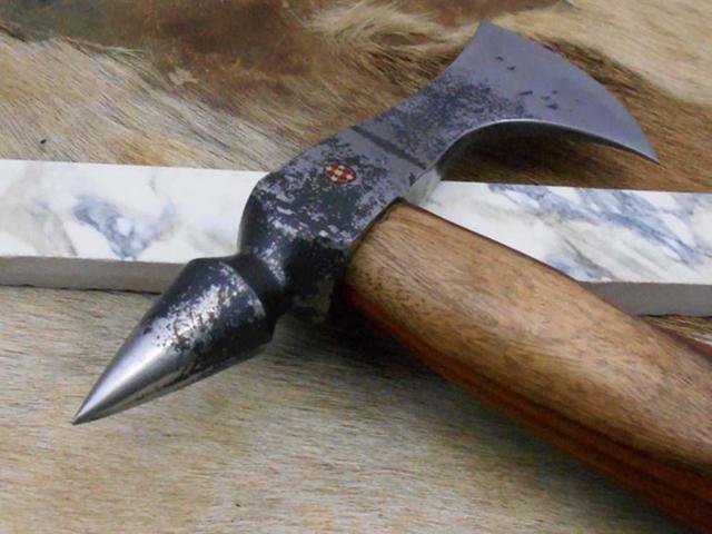 Alt view image 2 of 7 - Damascus Depot Tomahawk Axe bearded hiking battle axe 15 Inches long Hand Forged steel with Rose wood round handle, thick cow hide leather sheath
