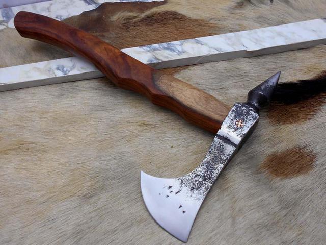 Alt view image 3 of 7 - Damascus Depot Tomahawk Axe bearded hiking battle axe 15 Inches long Hand Forged steel with Rose wood round handle, thick cow hide leather sheath