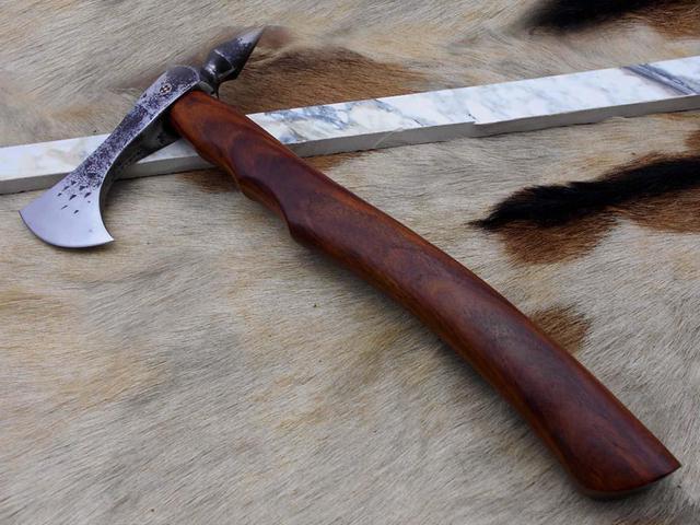 Alt view image 6 of 7 - Damascus Depot Tomahawk Axe bearded hiking battle axe 15 Inches long Hand Forged steel with Rose wood round handle, thick cow hide leather sheath
