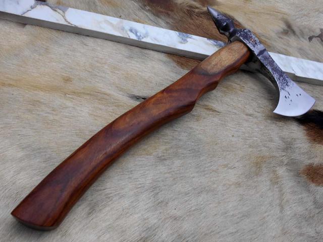 Alt view image 4 of 7 - Damascus Depot Tomahawk Axe bearded hiking battle axe 15 Inches long Hand Forged steel with Rose wood round handle, thick cow hide leather sheath
