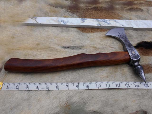 Alt view image 5 of 7 - Damascus Depot Tomahawk Axe bearded hiking battle axe 15 Inches long Hand Forged steel with Rose wood round handle, thick cow hide leather sheath