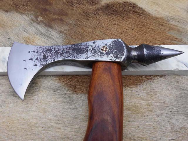 Alt view image 7 of 7 - Damascus Depot Tomahawk Axe bearded hiking battle axe 15 Inches long Hand Forged steel with Rose wood round handle, thick cow hide leather sheath