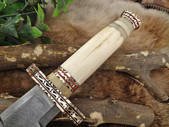 Alt view image 2 of 5 - 14.5" Long Custom Made Hand Forged Damascus Steel Zig zag Blade Hunting Knife 9" Blade, Camel Bone Engraved Brass Scale, Cow Hide Leather Sheath