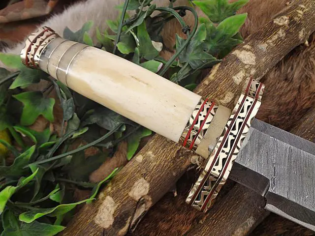Alt view image 3 of 5 - 14.5" Long Custom Made Hand Forged Damascus Steel Zig zag Blade Hunting Knife 9" Blade, Camel Bone Engraved Brass Scale, Cow Hide Leather Sheath