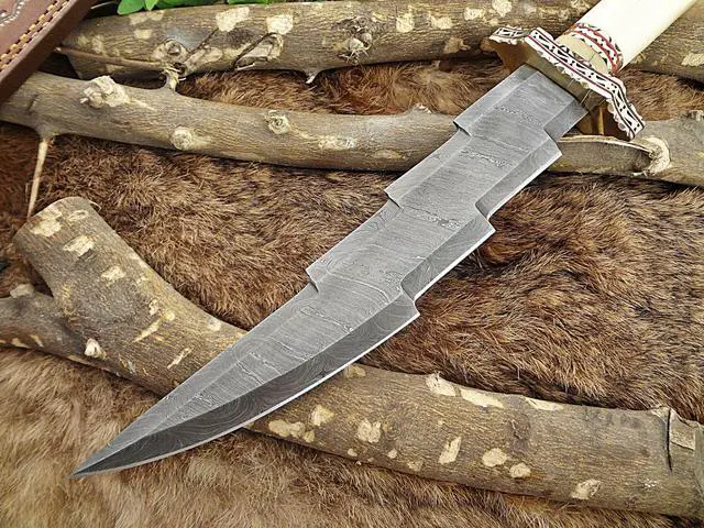 Alt view image 5 of 5 - 14.5" Long Custom Made Hand Forged Damascus Steel Zig zag Blade Hunting Knife 9" Blade, Camel Bone Engraved Brass Scale, Cow Hide Leather Sheath