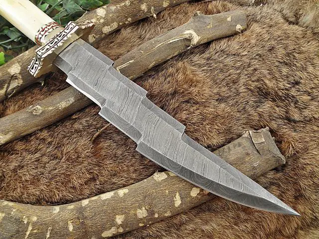Alt view image 4 of 5 - 14.5" Long Custom Made Hand Forged Damascus Steel Zig zag Blade Hunting Knife 9" Blade, Camel Bone Engraved Brass Scale, Cow Hide Leather Sheath