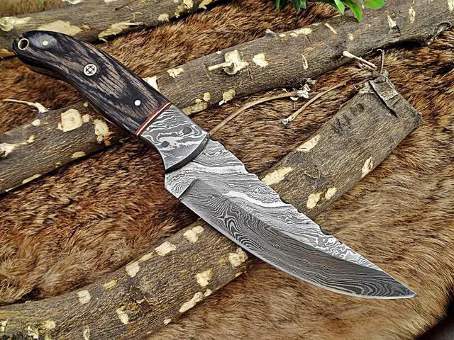 Main image of 9.5" Long hand forged Damascus steel full tang blade skinning Knife, 2 tone black Dollar wood with Damascus bolster, Cow Leather sheath (Dollar wood)