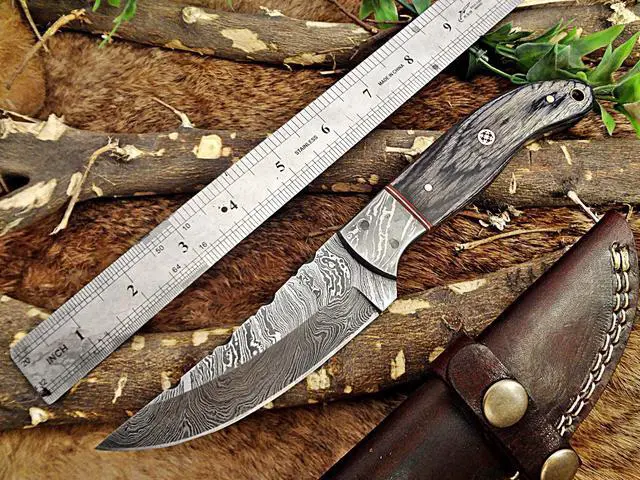 Alt view image 2 of 7 - 9.5" Long hand forged Damascus steel full tang blade skinning Knife, 2 tone black Dollar wood with Damascus bolster, Cow Leather sheath (Dollar wood)