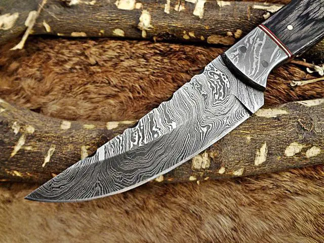 Alt view image 4 of 7 - 9.5" Long hand forged Damascus steel full tang blade skinning Knife, 2 tone black Dollar wood with Damascus bolster, Cow Leather sheath (Dollar wood)