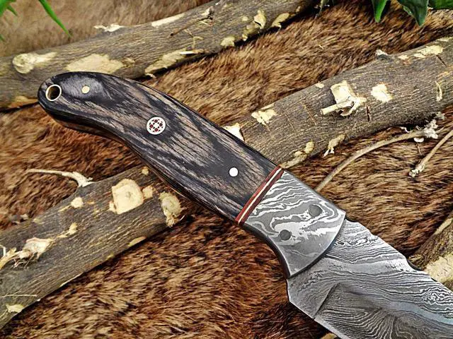 Alt view image 7 of 7 - 9.5" Long hand forged Damascus steel full tang blade skinning Knife, 2 tone black Dollar wood with Damascus bolster, Cow Leather sheath (Dollar wood)