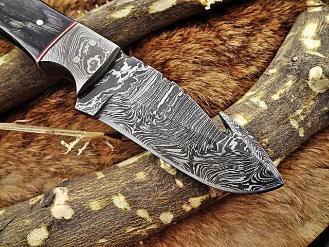 Alt view image 5 of 6 - 7.5" HAND FORGED DAMASCUS STEEL FULL TANG BLADE GUT HOOK SKINNING POCKET KNIFE with Leather sheath