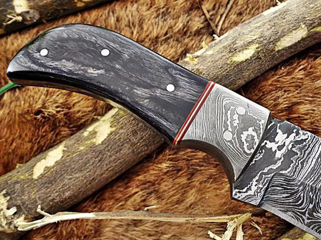 Alt view image 6 of 6 - 7.5" HAND FORGED DAMASCUS STEEL FULL TANG BLADE GUT HOOK SKINNING POCKET KNIFE with Leather sheath