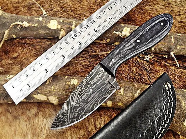 Alt view image 4 of 6 - 7.5" Long Damascus Steel Hand Forged Compact Skinning Knife, 4" Drop Point Full Tang Blade, 2 Tone Dollar Wood Scale, Cow Hide Leather Sheath