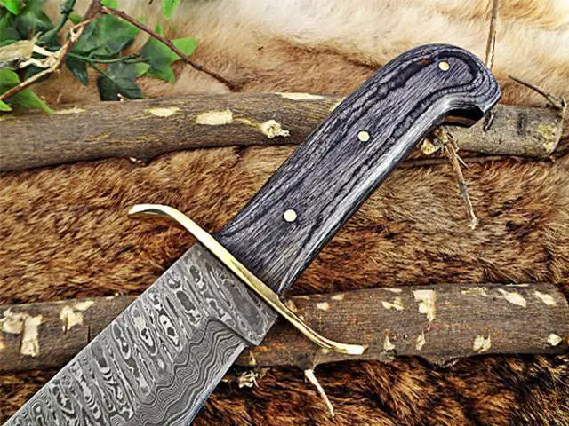Alt view image 2 of 5 - 15" long hand forged Damascus steel hunting Bowie knife with brass finger guard, 2 tone over 5" Dollar wood scale, Cow hide Leather sheath