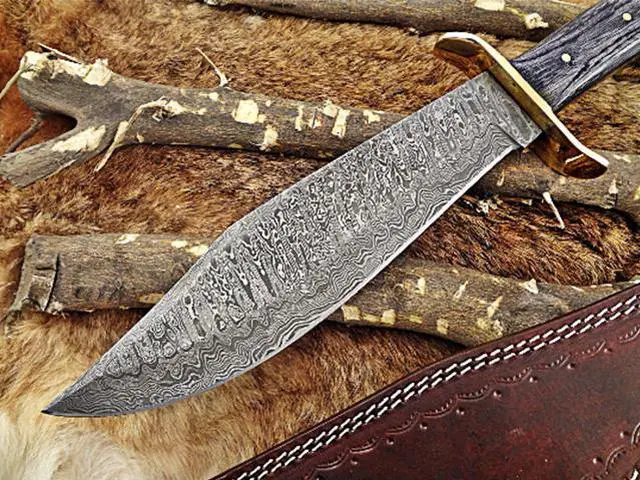 Alt view image 5 of 5 - 15" long hand forged Damascus steel hunting Bowie knife with brass finger guard, 2 tone over 5" Dollar wood scale, Cow hide Leather sheath