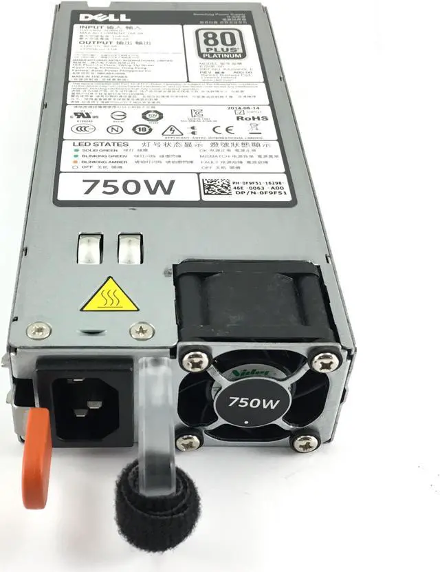 Alt view image 2 of 10 - DELL F9F51  750 Watt Redundant Power Supply For Poweredge R820 R720 R620 R520 T620 T420 T320