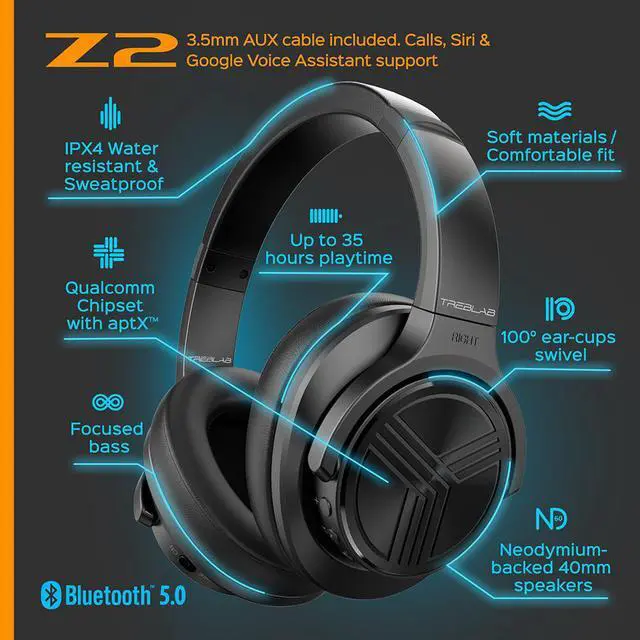 Alt view image 3 of 7 - TREBLAB Z2 - Ultra Premium Over Ear Wireless Headphones - HyperHD Sound, High-End Bluetooth Stereo aptX, Active Noise Cancelling ANC Microphone, 35H Battery, Best Sports Gym Workout Travel Auriculares