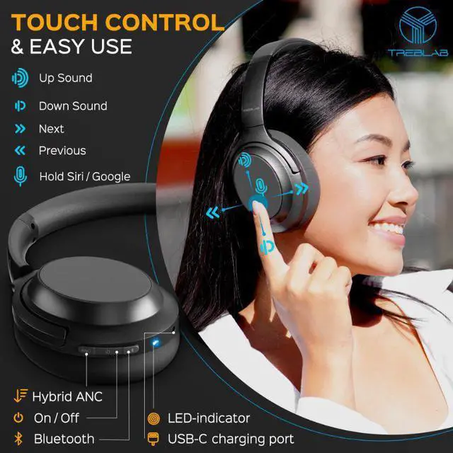 Alt view image 3 of 8 - TREBLAB Z7 PRO - Hybryd Active Noise Canceling Headphones with Mic - 45H Playtime & USB-C Fast Charging, ANC Wireless Over Ear Bluetooth Headphones w/ aptX, Stereo Sound, Touch Control (Grey)