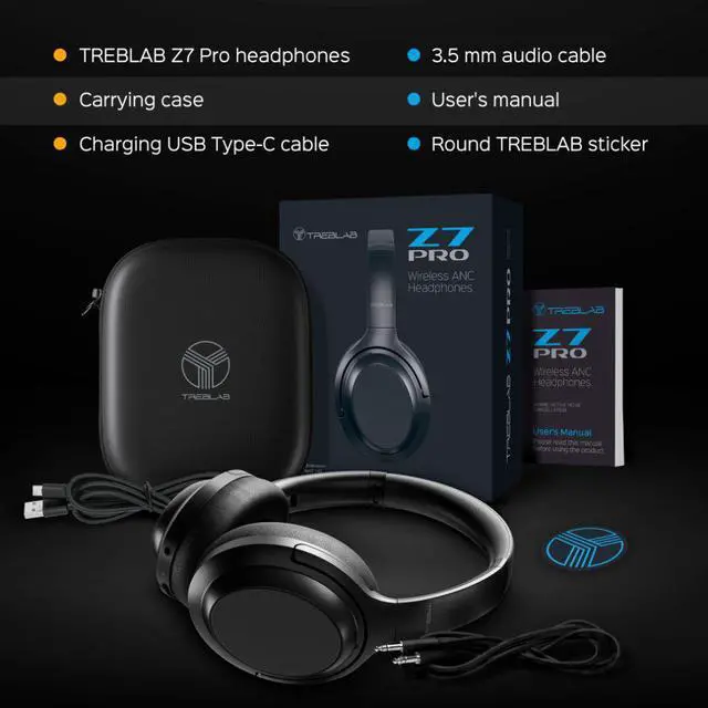 Alt view image 7 of 8 - TREBLAB Z7 PRO - Hybryd Active Noise Canceling Headphones with Mic - 45H Playtime & USB-C Fast Charging, ANC Wireless Over Ear Bluetooth Headphones w/ aptX, Stereo Sound, Touch Control (Grey)