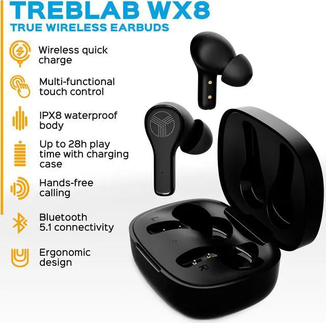Alt view image 6 of 8 - Treblab WX8 - True Wireless Earbuds with Pure Sound, Soft Silicone Ear Buds, IPX8 Waterproof, 28H Play, Wireless Charging, Noise Reduction Touch Control, In-Ear Bluetooth Headphones for Sports Running