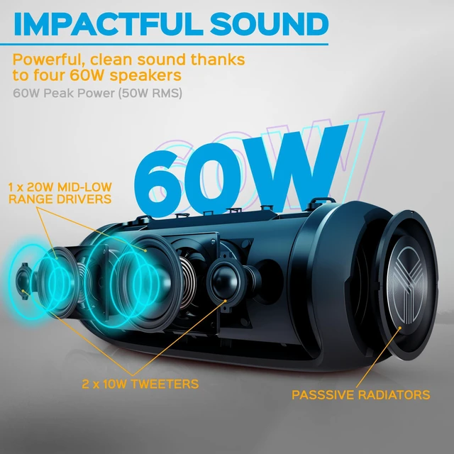Alt view image 2 of 7 - TREBLAB HD-Max - Large Bluetooth Speaker, Loud 60W Stereo Sound, Powerful Bass, 20H Battery, IPX7 Waterproof, Powerbank, USB-C, RGB Lights, Portable Wireless Speaker with Dual Pairing for Outdoors