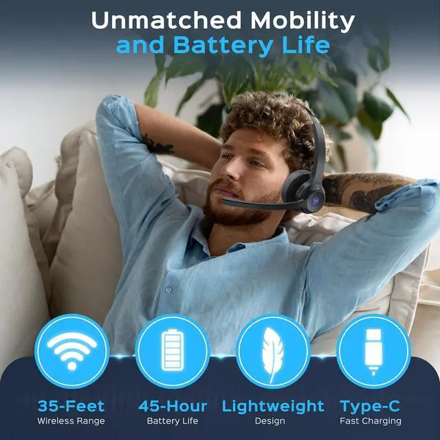 Alt view image 6 of 7 - TREBLAB C7 - Single Ear Bluetooth Headset with Mic, Bluetooth 5.4, 45H Playtime, Type-C Fast Charging, IPX4 Waterproof, Wireless Bluetooth Headset for Trucker, Work, Calls, Home Office and Gaming