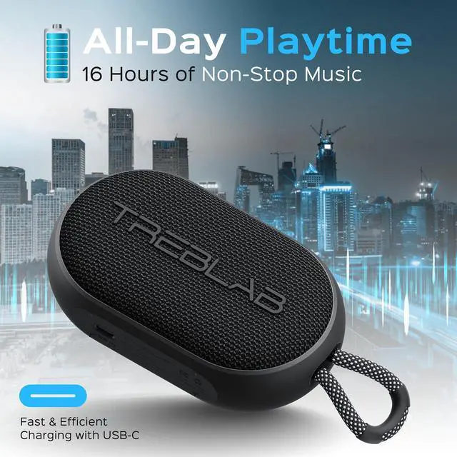 Alt view image 3 of 7 - TREBLAB HD-Go - Ultra Portable Hand Held Speaker with Clip, 7W Power with Bass, 16H Playtime, IPX7 Waterproof, Built-in Mic, Compact & Lightweight, USB-C Charging  Small Speaker Bluetooth Wireless