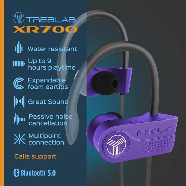 Alt view image 4 of 7 - TREBLAB XR700 Wireless Sports Earbuds, Bluetooth 5.0, IPX7 Waterproof, Sweatproof, Custom Adjustable Earhooks, Noise Cancelling, in-Ear Headset