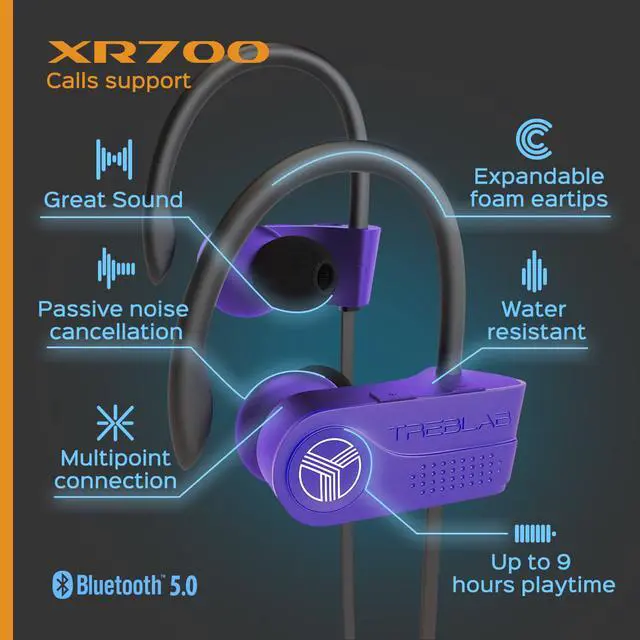 Alt view image 5 of 7 - TREBLAB XR700 Wireless Sports Earbuds, Bluetooth 5.0, IPX7 Waterproof, Sweatproof, Custom Adjustable Earhooks, Noise Cancelling, in-Ear Headset