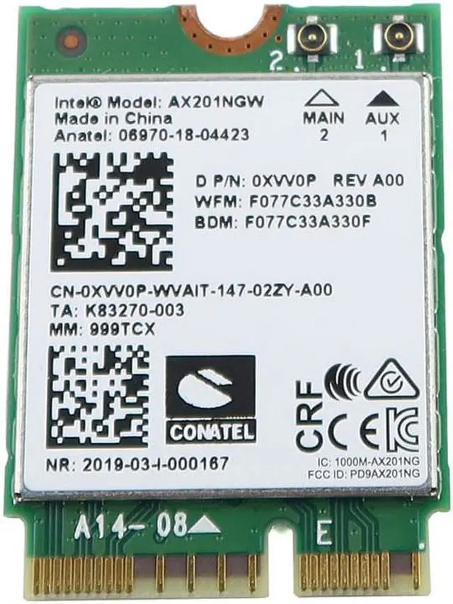 Main image of AX201NGW Intel WI-FI 6 AX201 M.2 2230 CNVIO2 802.11AX Wlan Bluetooth 5.2 Wifi Card XVV0P Laptop Wireless Cards - Wifi - OEM